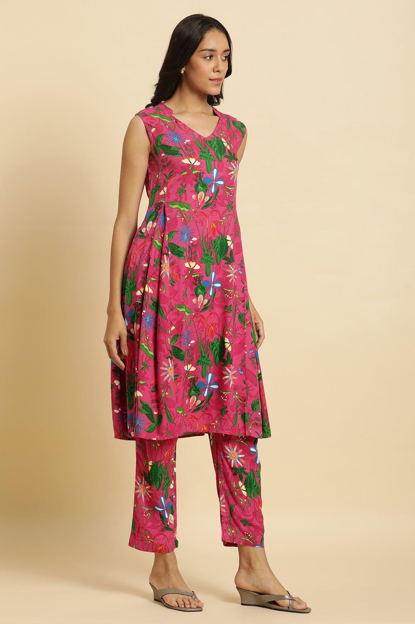 Pink Floral Printed Sleeveless Kurta & Pants Co-Ord Set — image 8