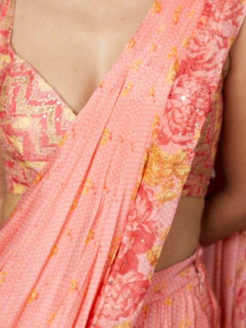 Coral Blue Rose Pre-Draped Saree — image 5