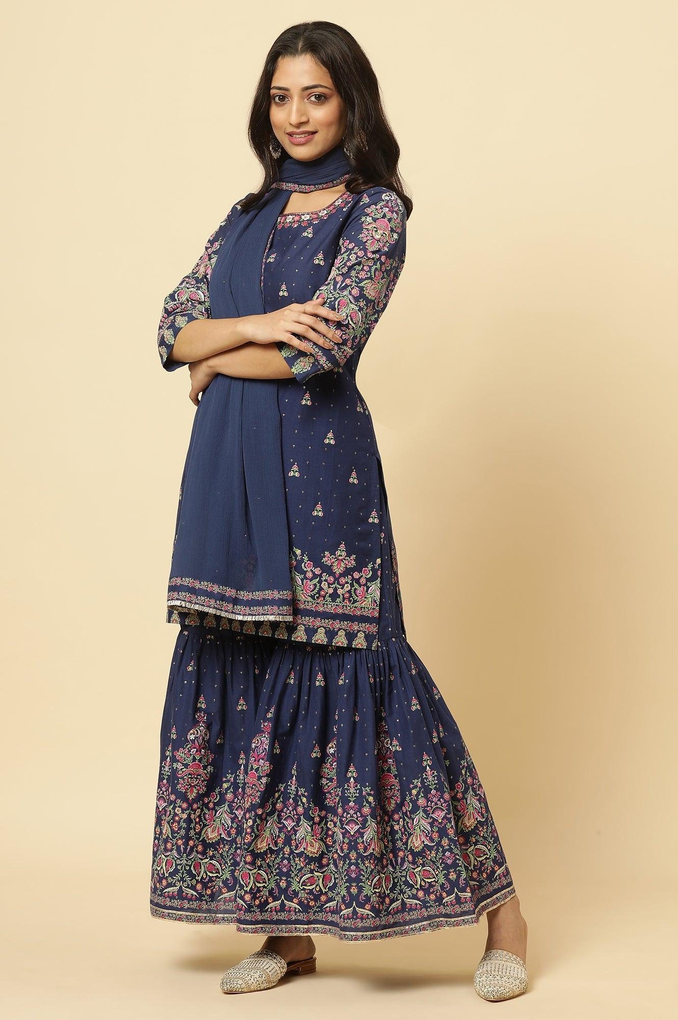 Blue Floral Printed Kurta, Sharara And Dupatta Set — image 5
