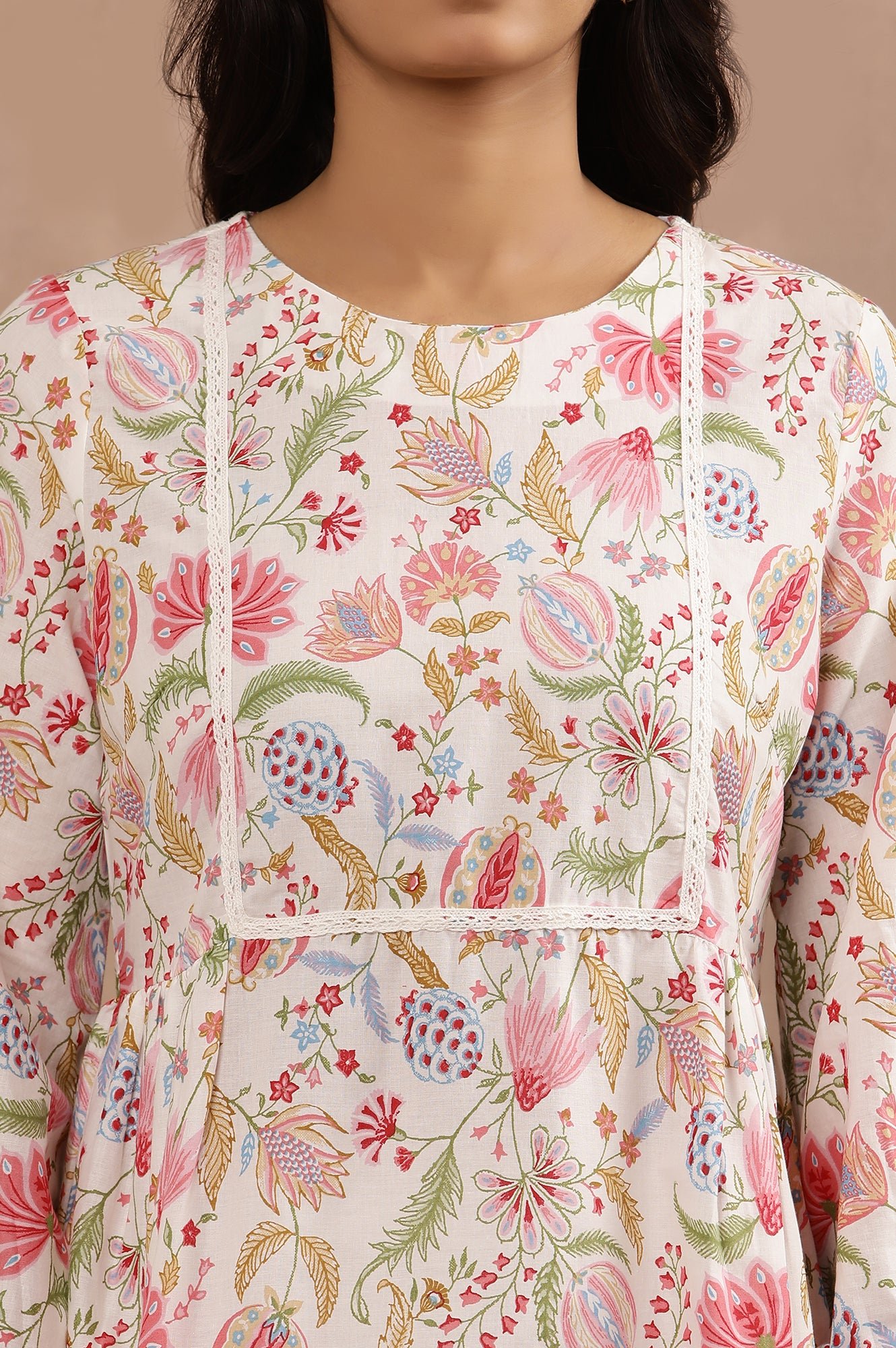White Floral Printed Pure Cotton Top And Parallel Pants Set — image 4