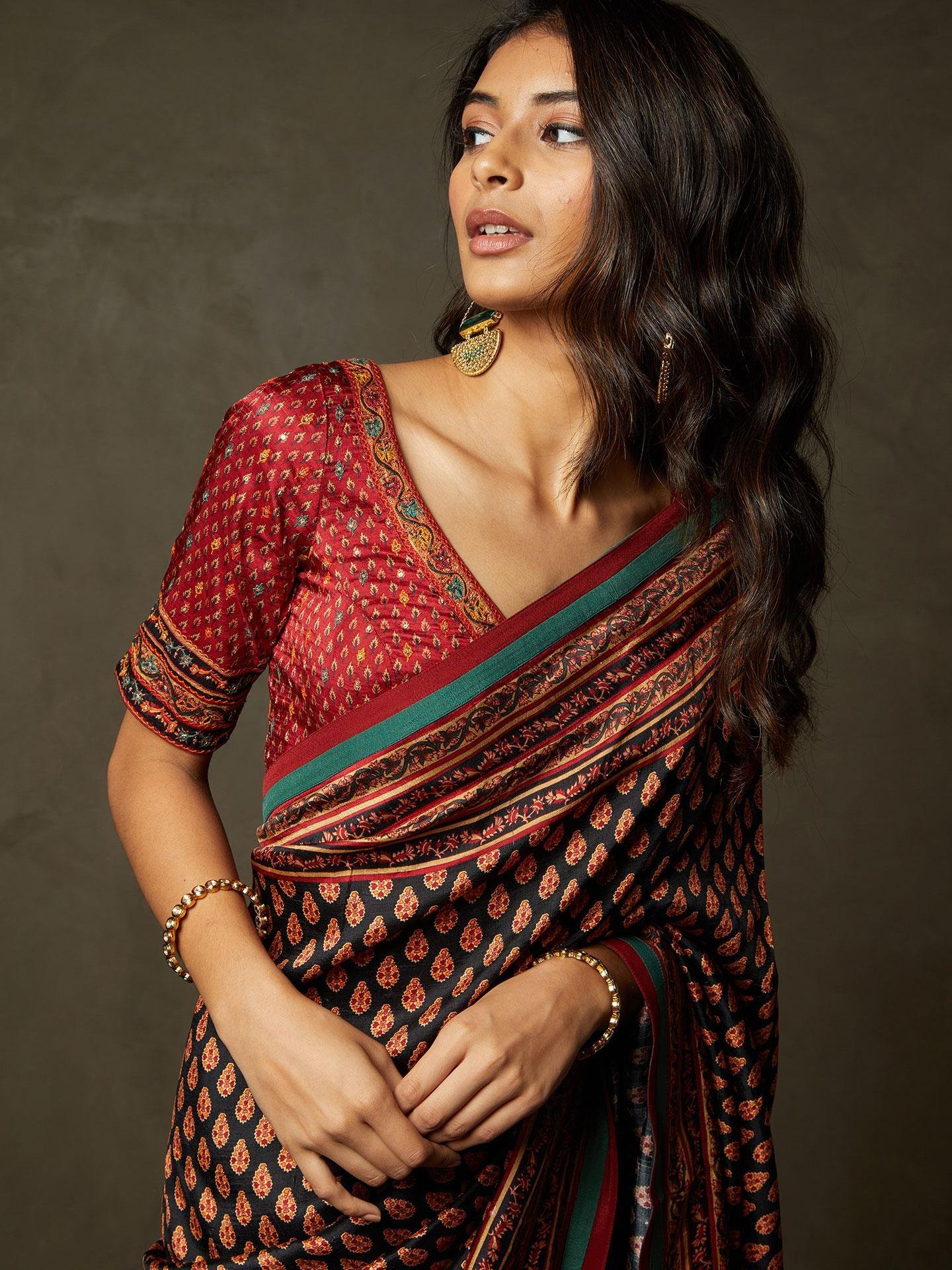 Black & Red Sanganeri Saree With Unstitched Blouse — image 4