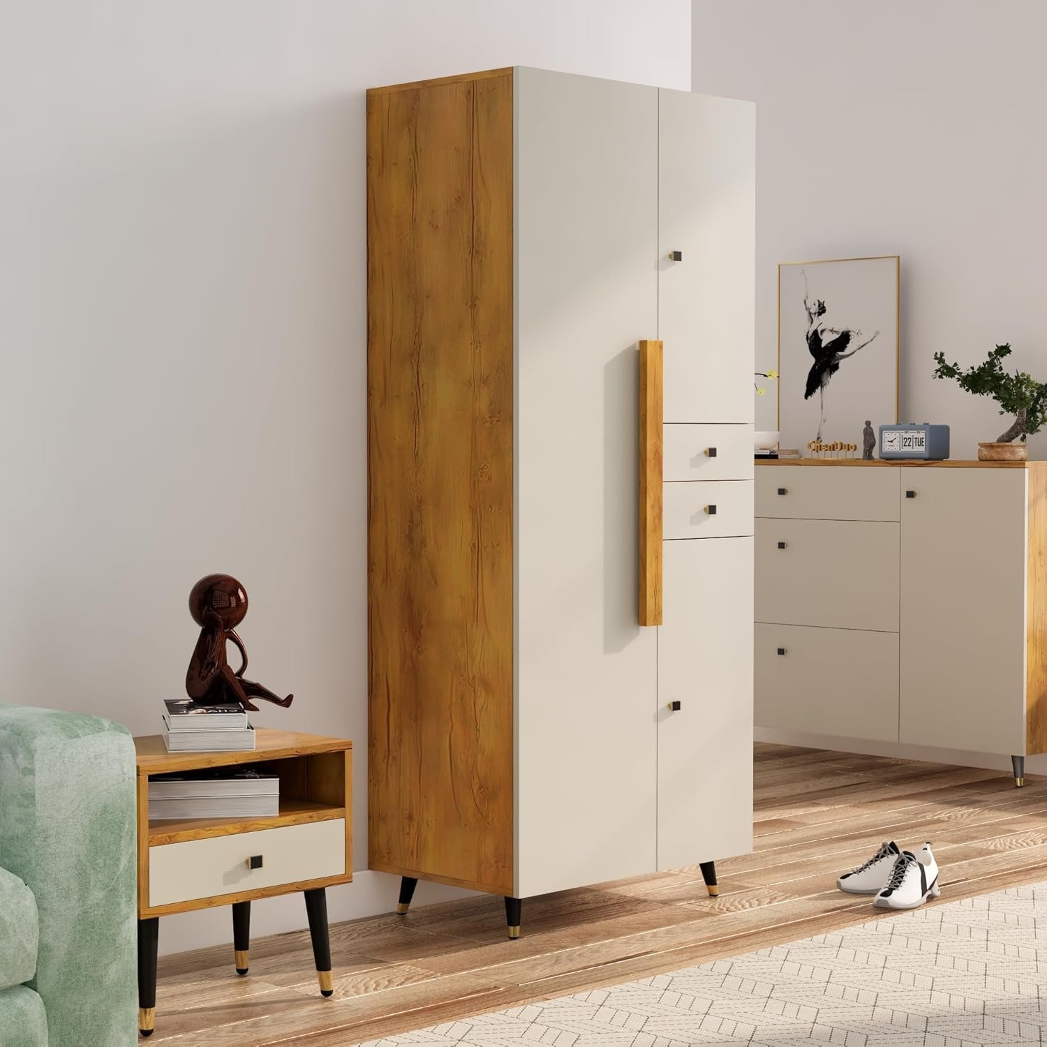 Bniture Wooden Almirah for Clothes, Door for Bedroom, 2 Door Wardrobe with Drawer & Hanging Space (45D x 75W x 180H CM) | 3 Year Warranty (Giant Wood & Frosty White) — image 1