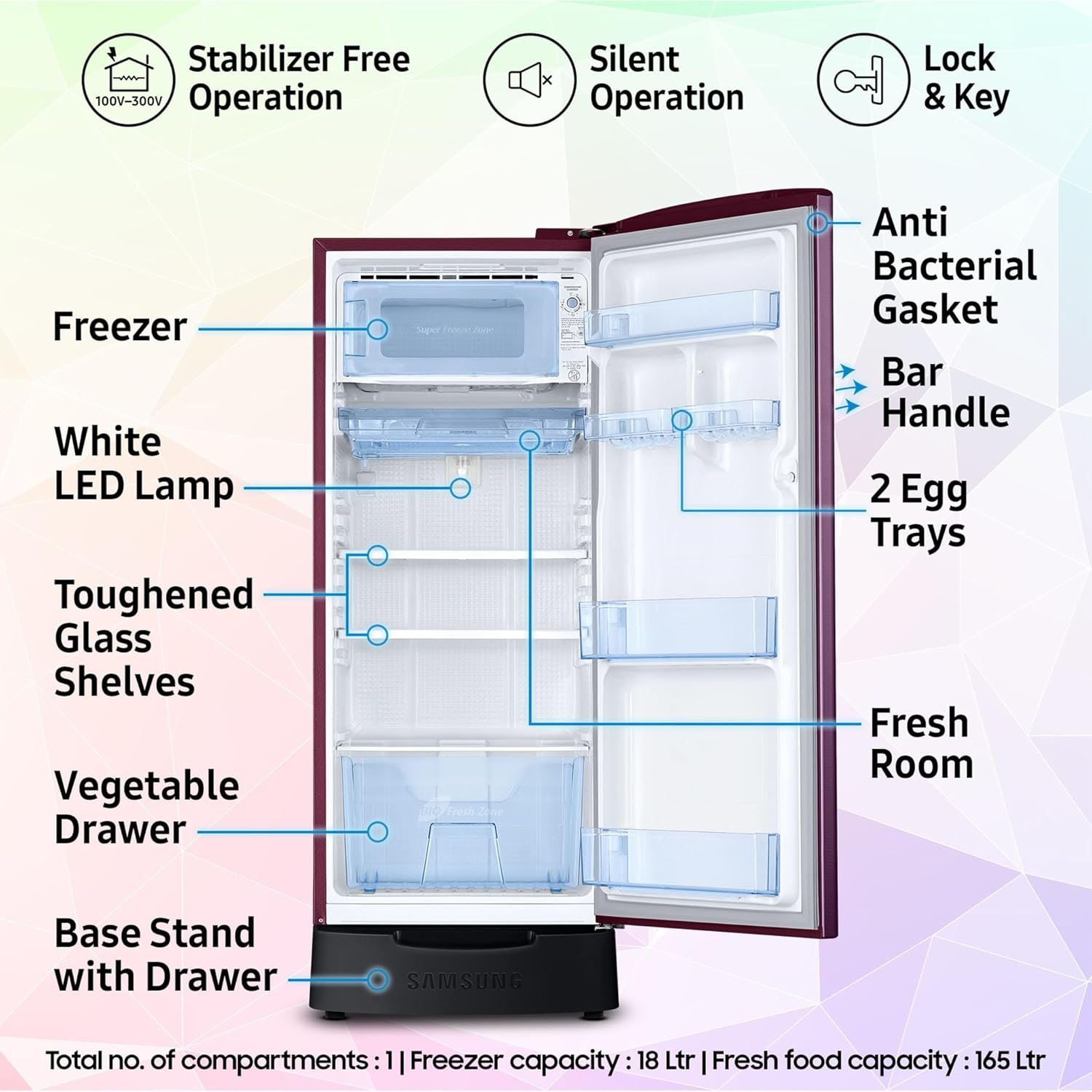 Samsung 183 L, 4 Star, Digital Inverter, Direct-Cool Single Door Refrigerator (RR20C1824CR/HL, Red, Camellia Purple, Base Stand Drawer) — image 5