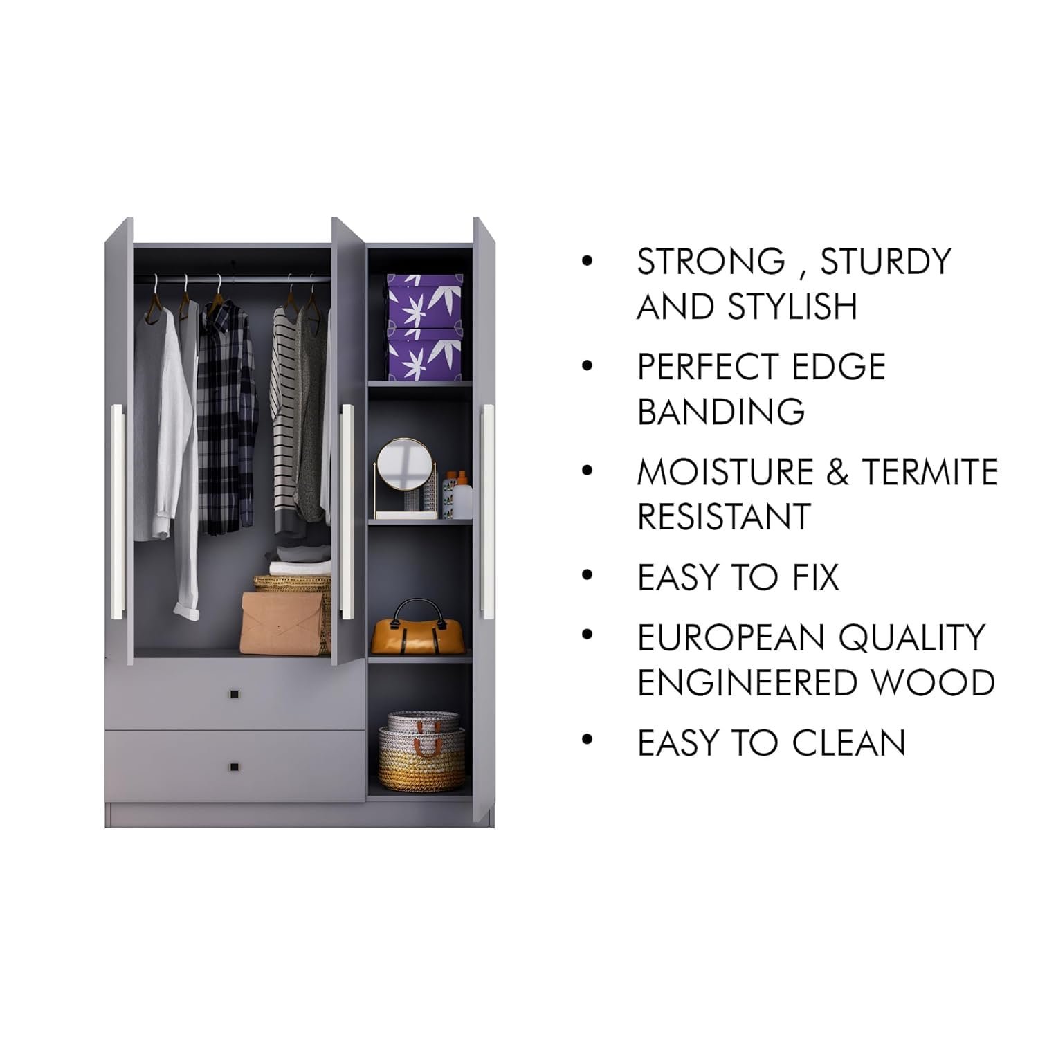 Bniture Wooden Almirah for Clothes, Door for Bedroom, 3 Door Wardrobe with 2 Drawer & Hanging Space (40D x 120W x 180H CM) | 3 Year Warranty (Giant Wood & Slate Grey) — image 6