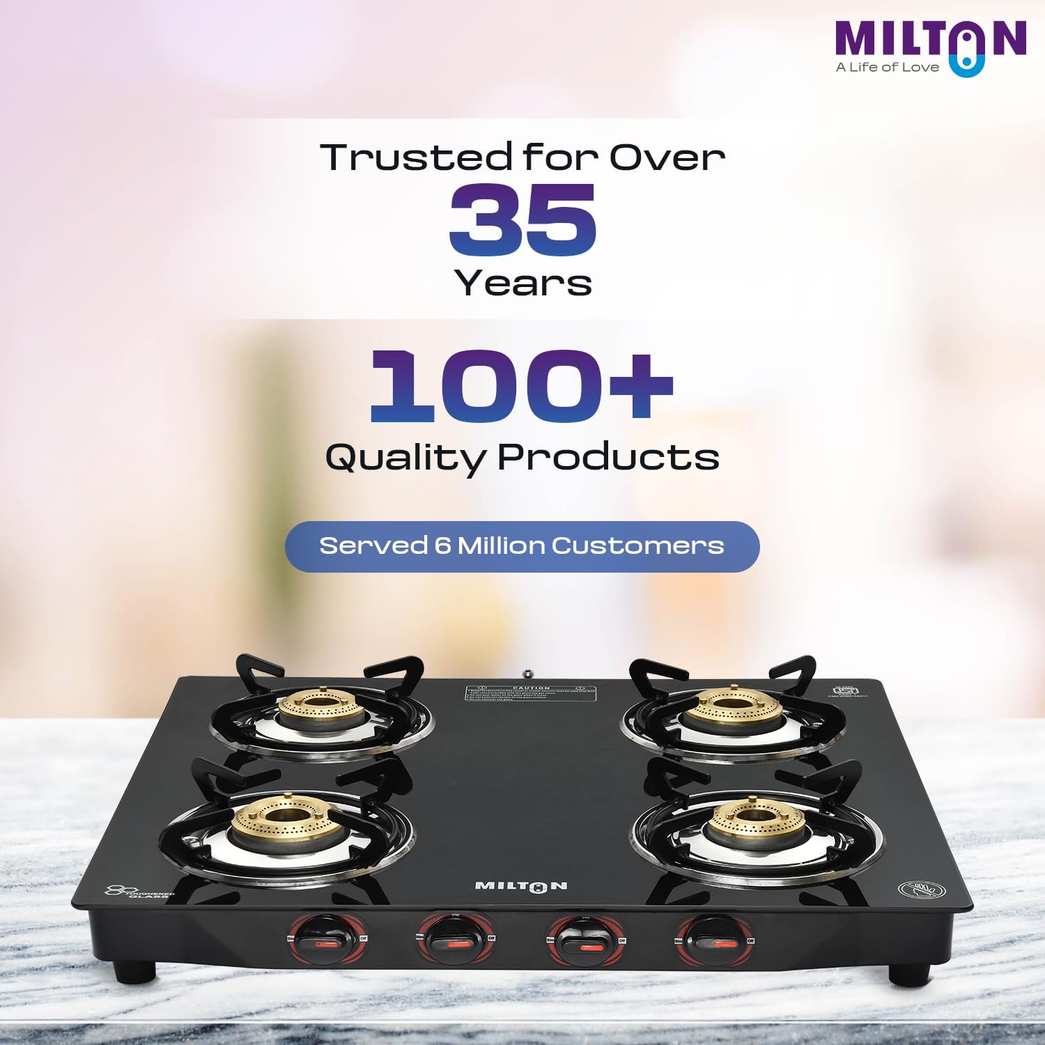 MILTON Premium 4 Burner Black Manual Ignition Glass Top Gas Stove, (ISI Certified) — image 7