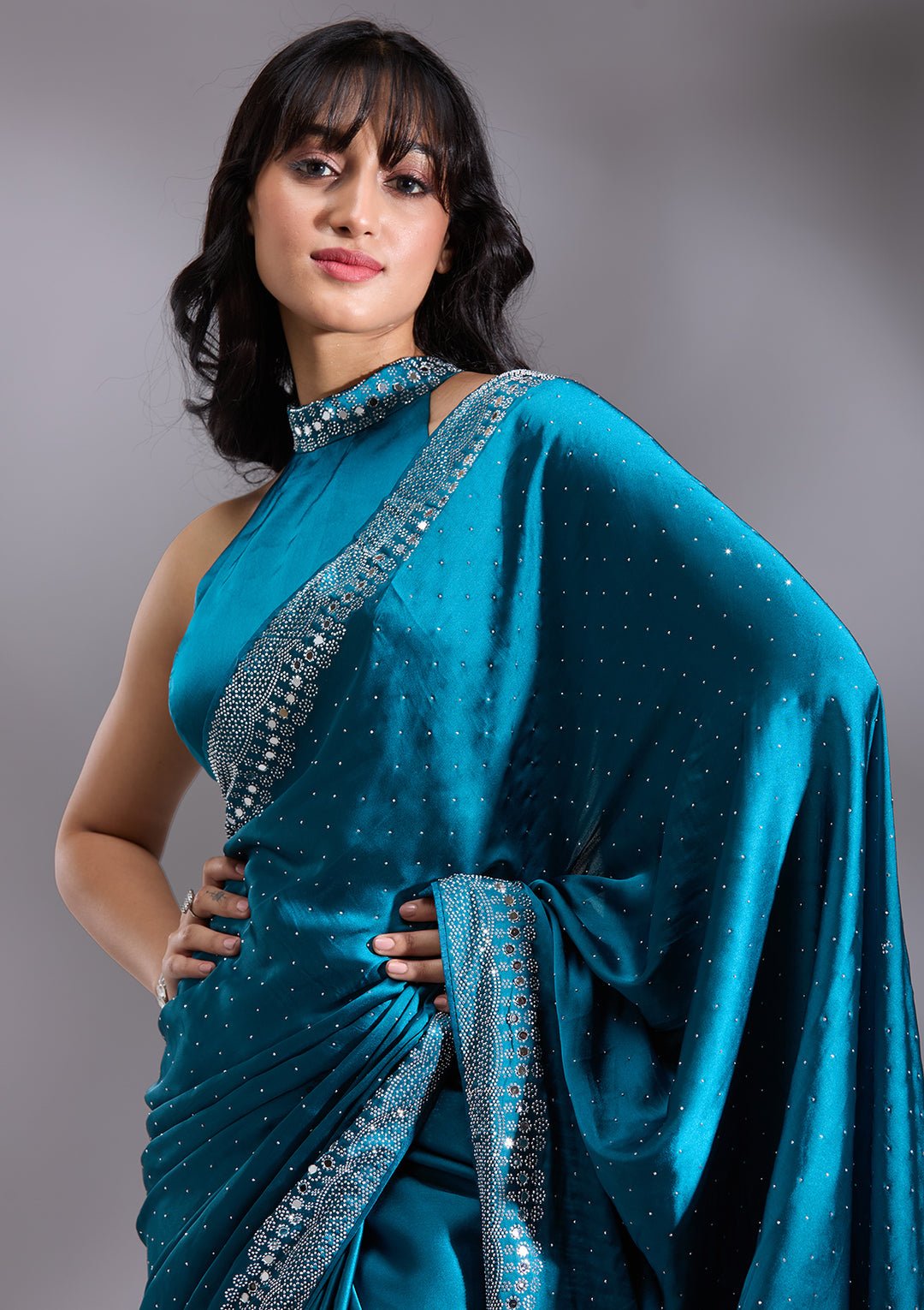 Peacock Blue Silver Stonework Satin Saree — image 5