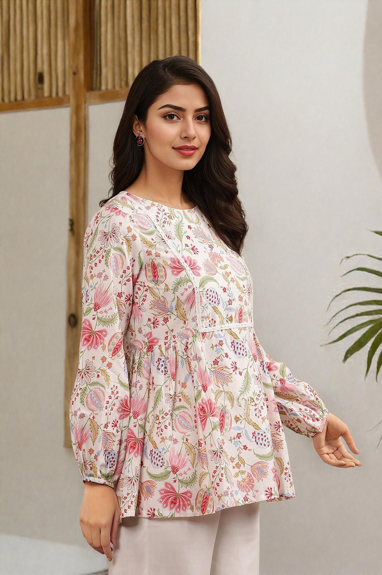 White Floral Printed Pure Cotton Top And Parallel Pants Set — image 10