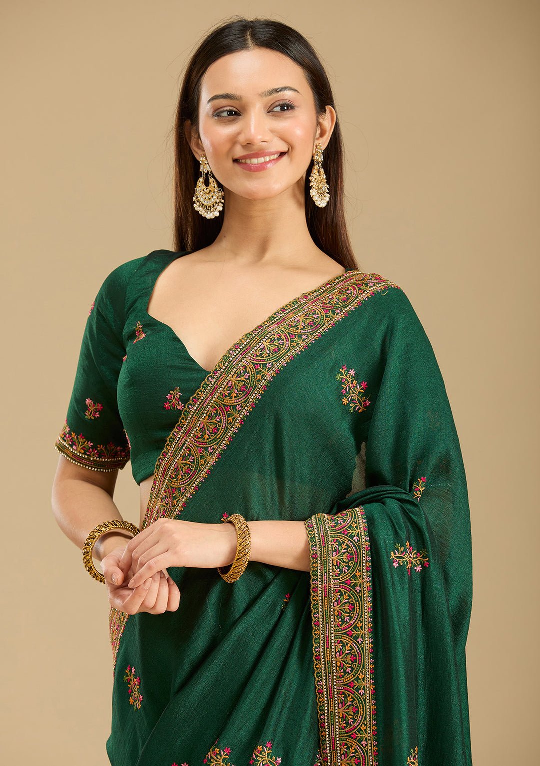Bottle Green Kashmiri Soft Raw Silk Saree — image 5