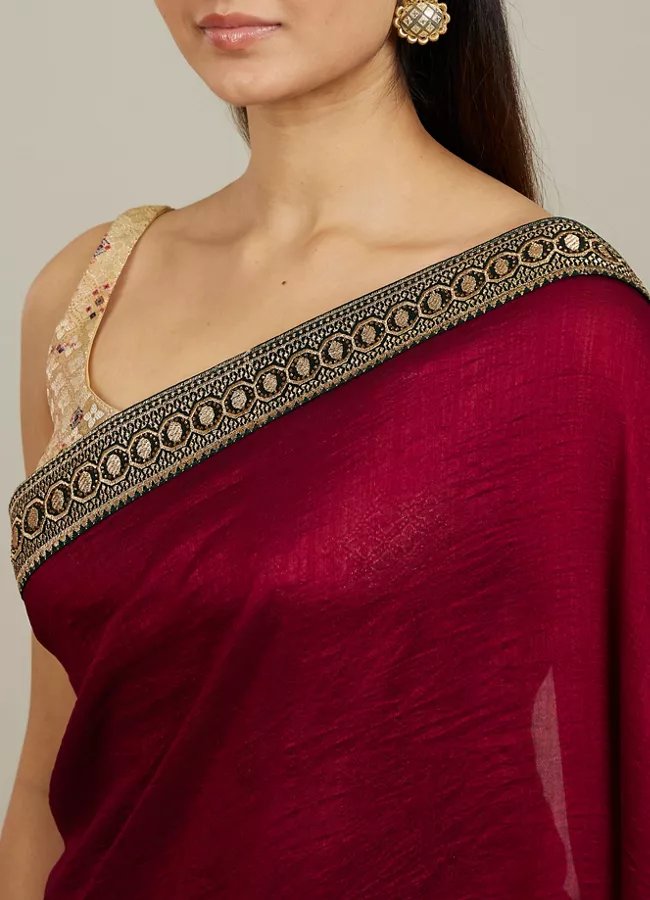 Rose Red Embroidered Border Saree — image 7