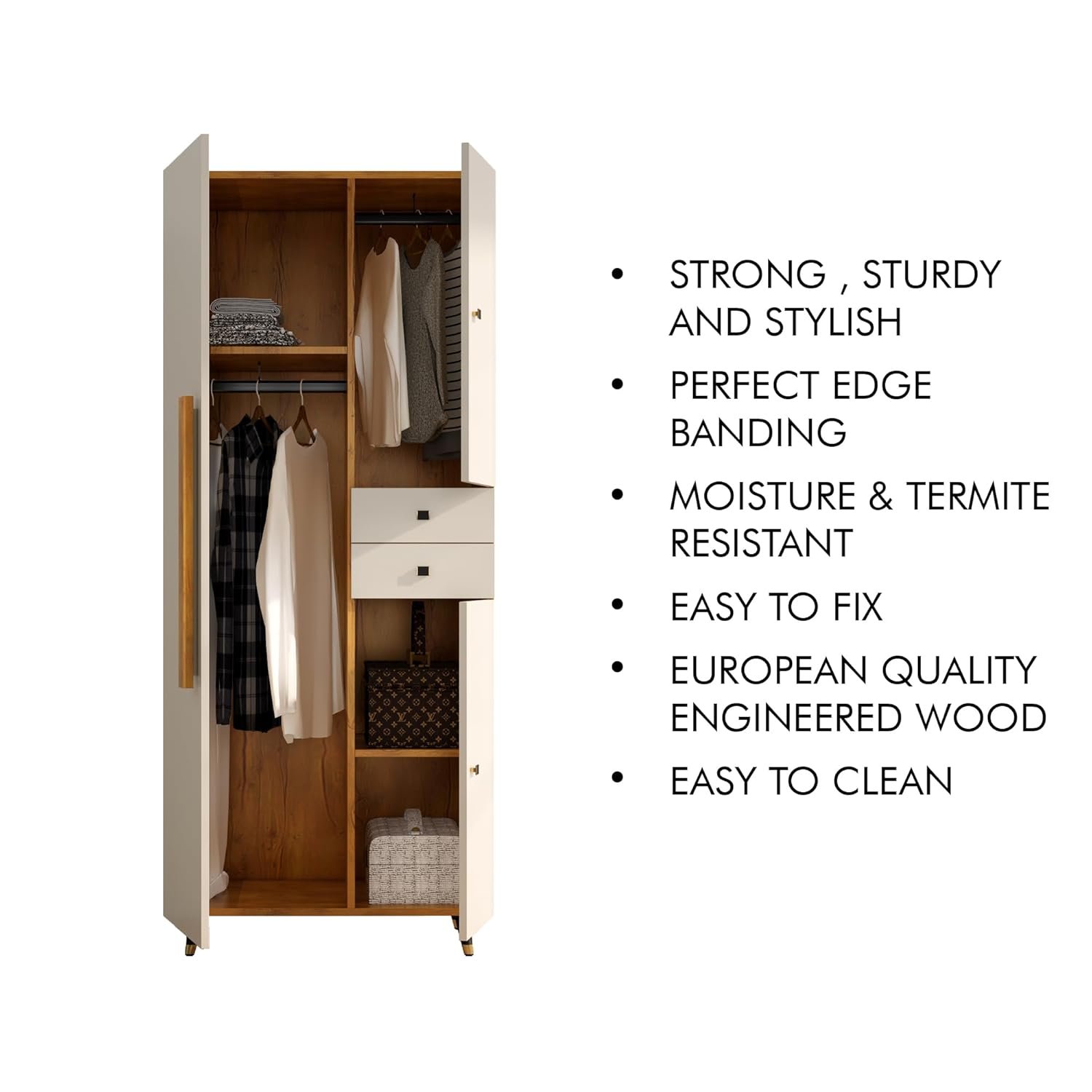 Bniture Wooden Almirah for Clothes, Door for Bedroom, 2 Door Wardrobe with Drawer & Hanging Space (45D x 75W x 180H CM) | 3 Year Warranty (Giant Wood & Frosty White) — image 5