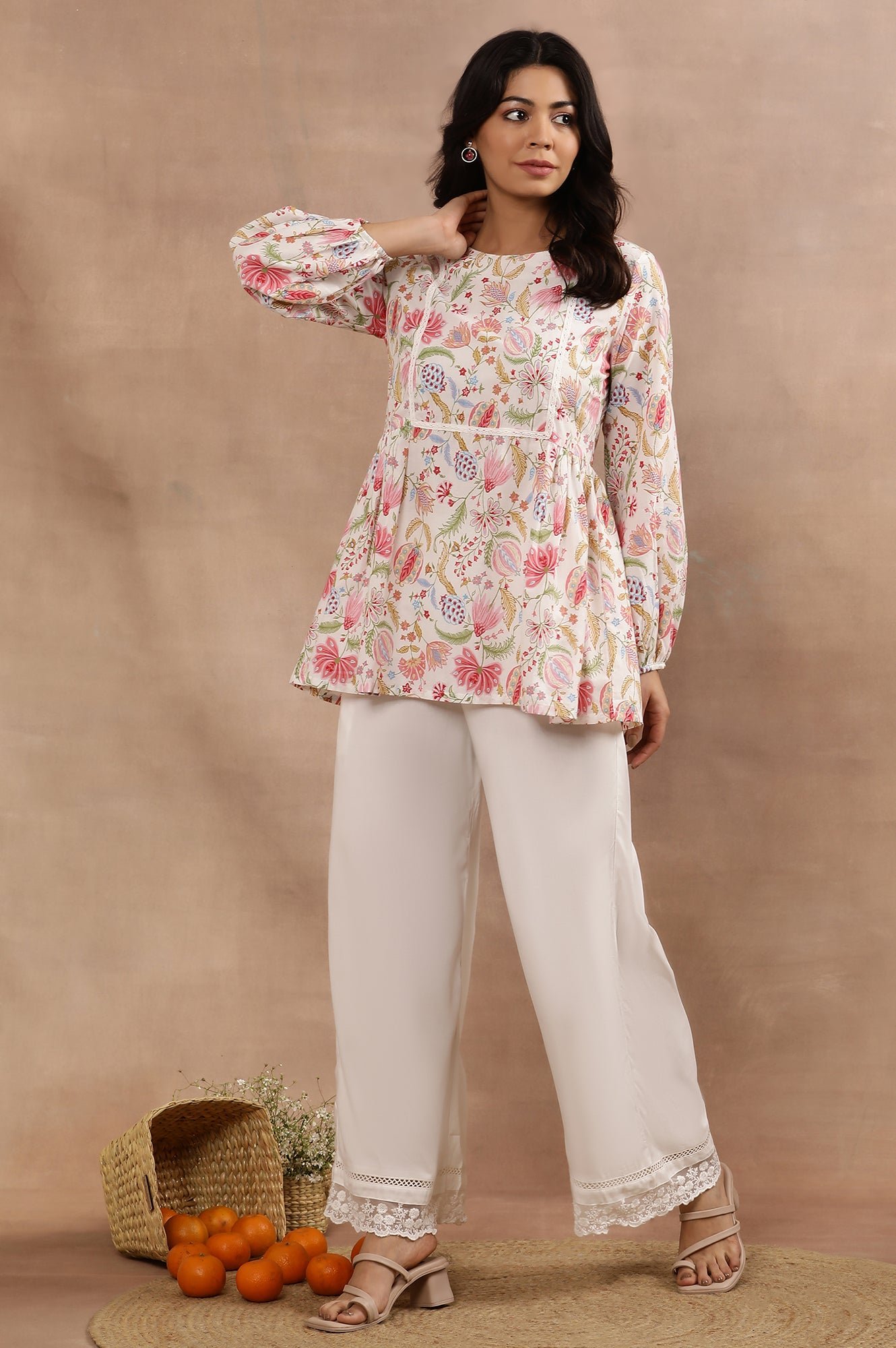 White Floral Printed Pure Cotton Top And Parallel Pants Set — image 6