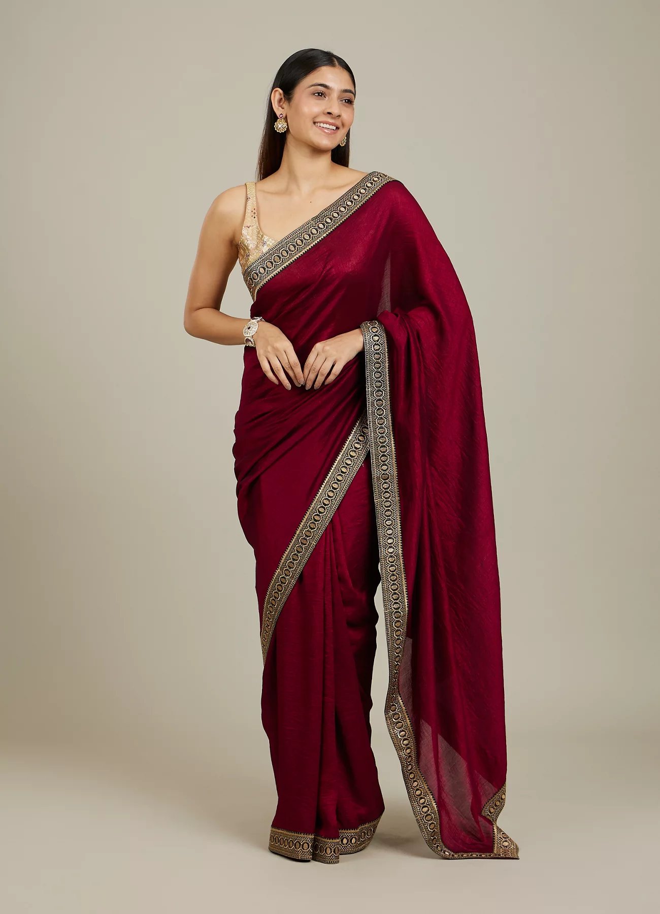 Rose Red Embroidered Border Saree — image 6