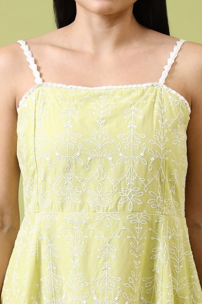 Lime Green Schiffli Embroidered Pure Cotton Flared Spaghetti Dress — image 4