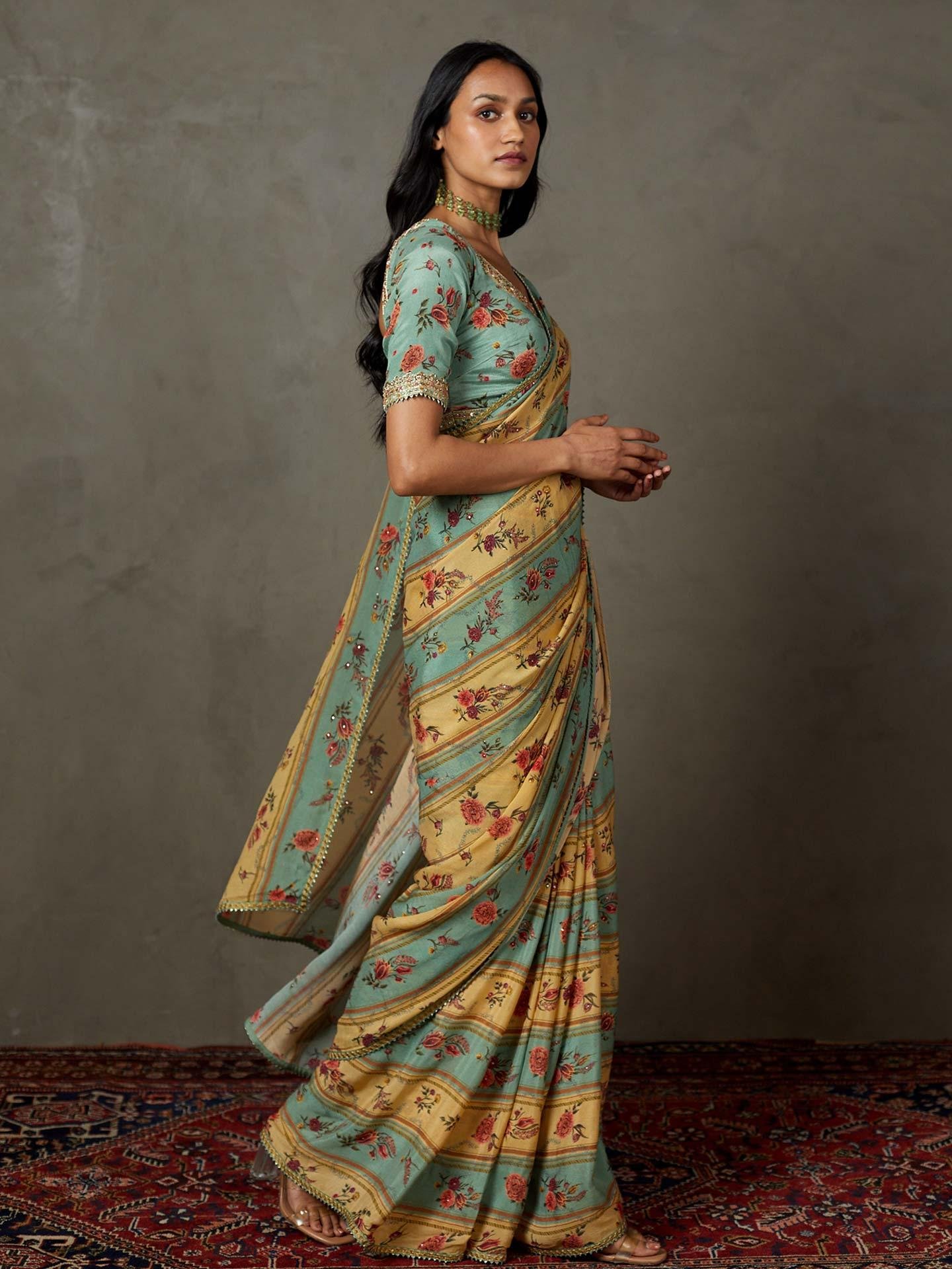 Light Teal Dahlia Saree With Unstitched Blouse — image 5