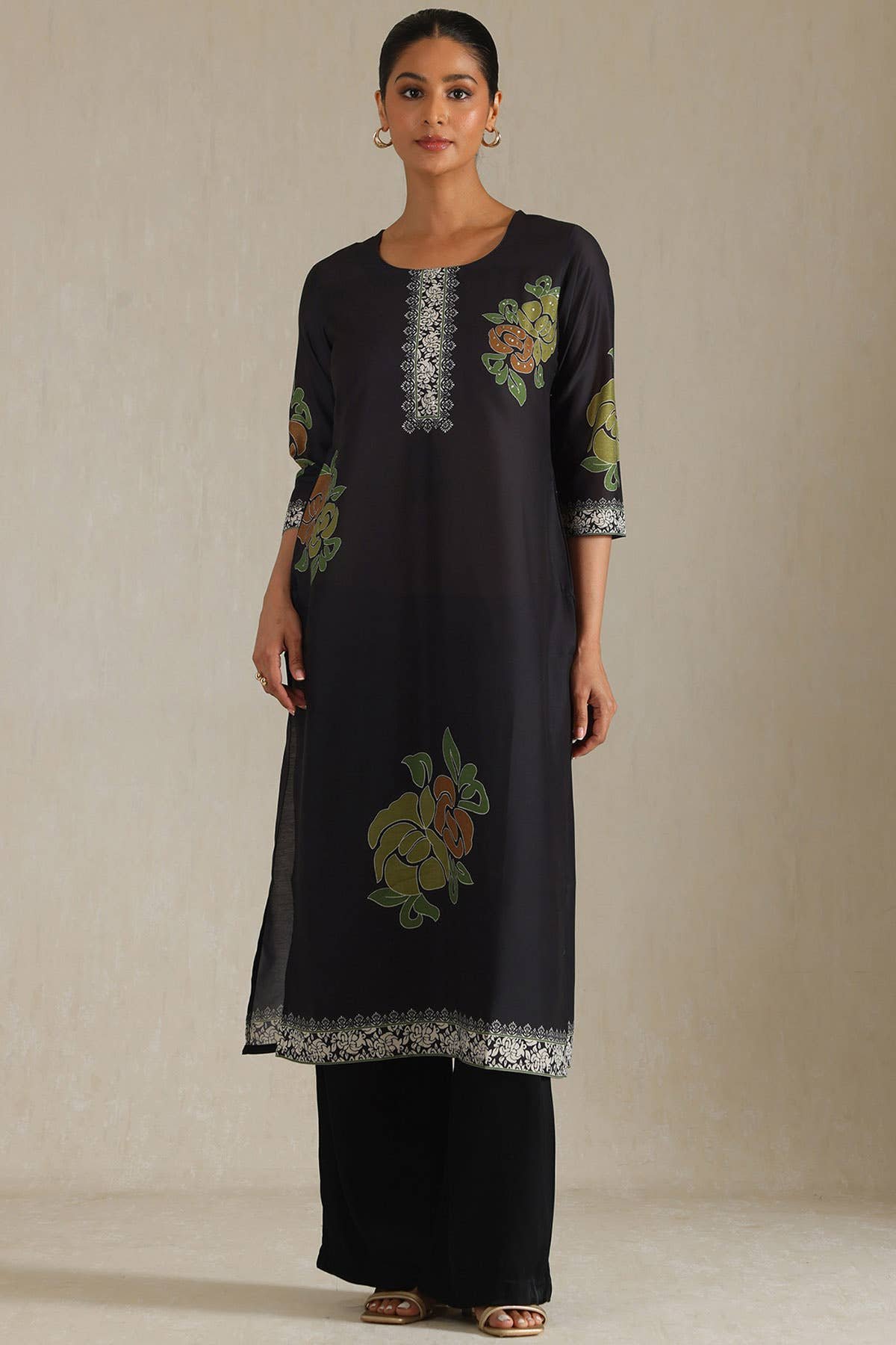 Black Muslin Botanical Print Kurta — image 4