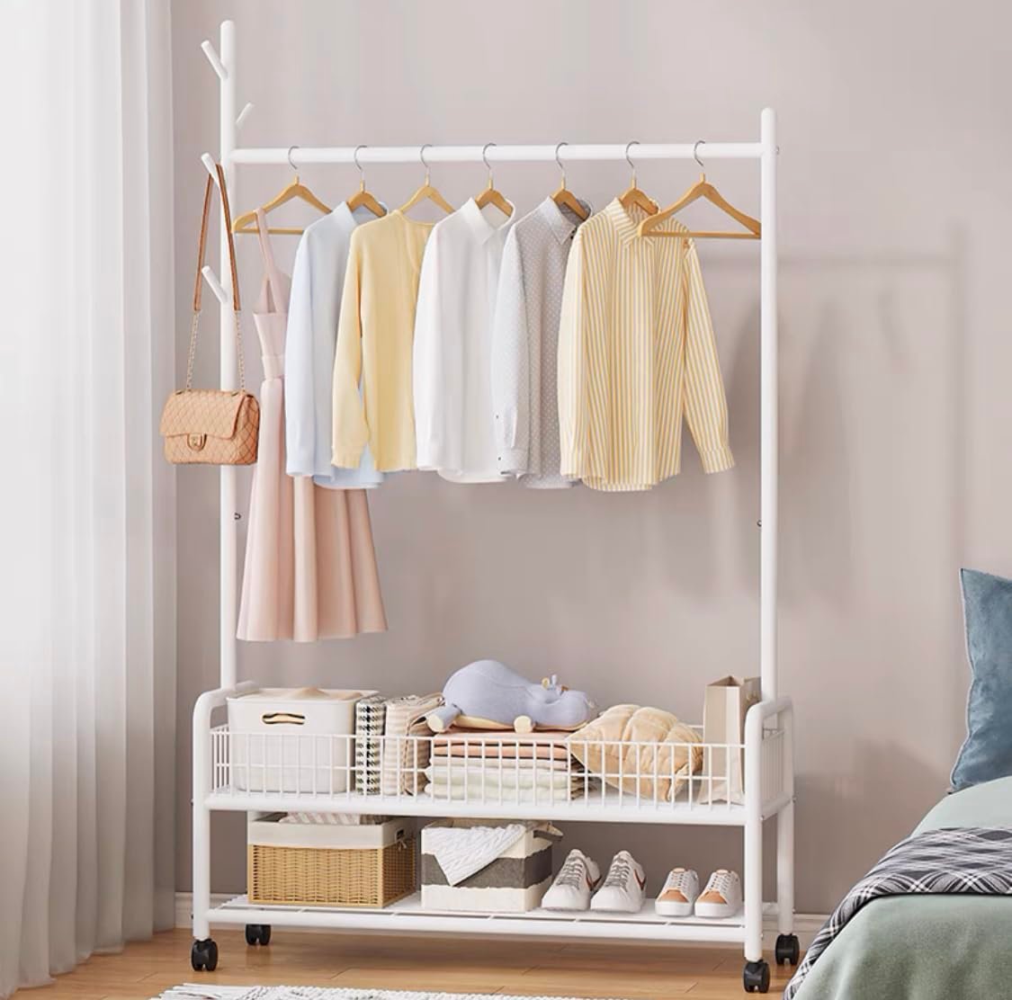 Lukzer | MGR-002 | White | Metal Cloth Stand & Garment Rack with Wheels, 2 Bottom Shelves & Single Rod – Space-Saving Clothes Organizer for Bedroom, Laundry, Entryway & More | 173 x 90 x 34 cm — image 3