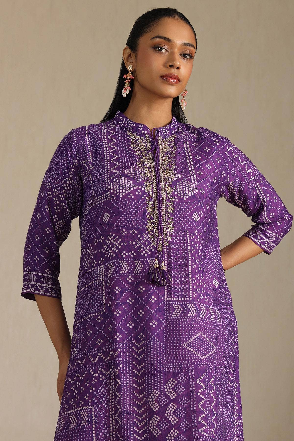 Purple Muslin Bandhani Printed Kurta With Zardosi — image 1