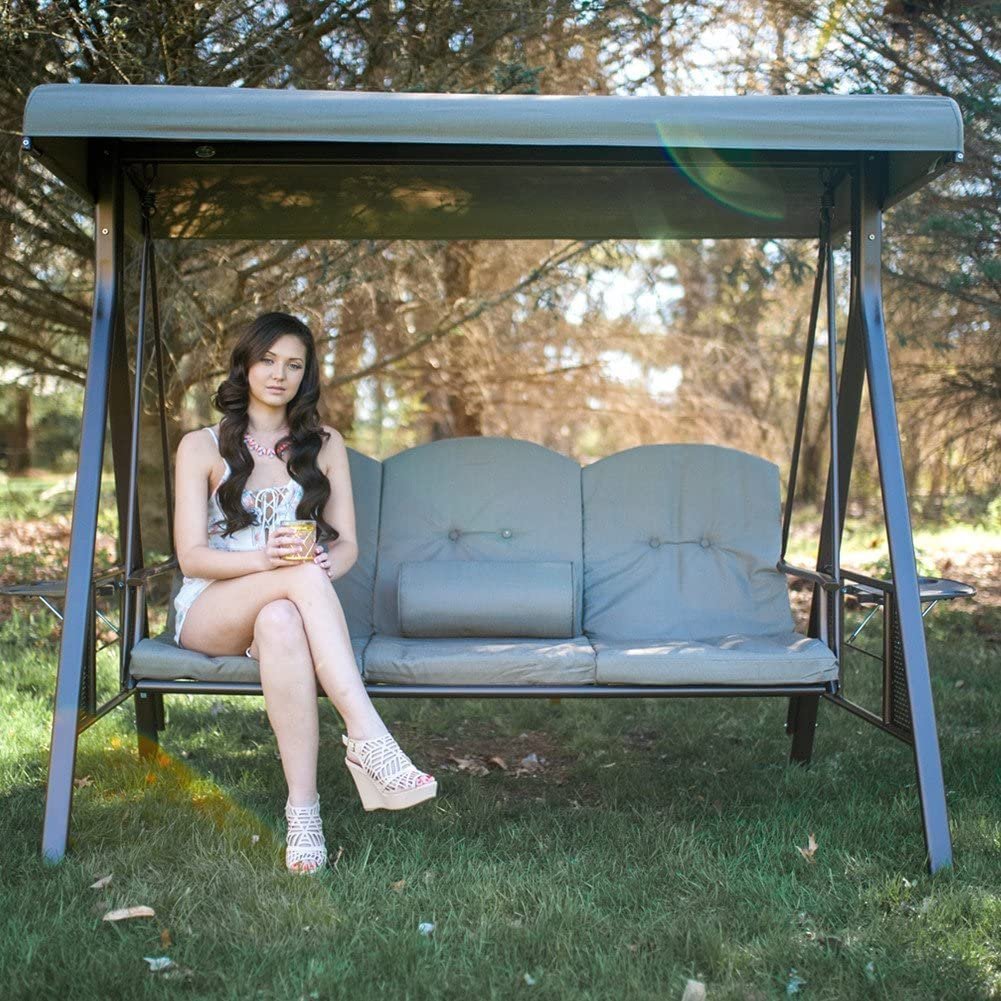 Low Carbon Steel 3 Seater Garden Swing Seat Outdoor Canopy Cushioned Bench- Brown, 127 Centimeters, 188 Centimeters — image 3