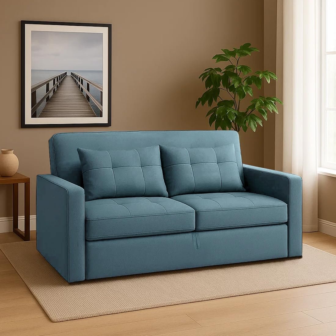 FURNY Tressa 2 Seater Pull-Out Premium Fabric Sofa Cum Bed Sofa Set for Living Room (Sky Blue Fabric) — image 3