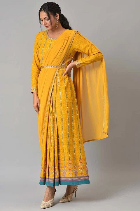 Yellow Glitter Printed Festive Saree Dress With Belt — image 2