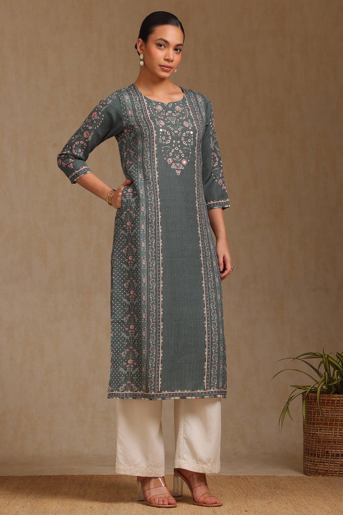 Olive Rayon Botanical Printed Kurta With Mirror Work — image 4