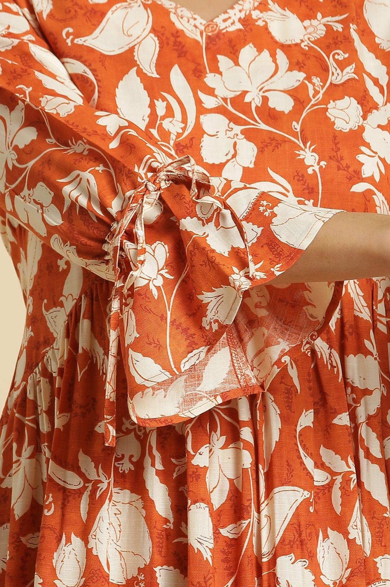 Dark Orange Floral Printed Kurta & Pants Co-Ord Set — image 4