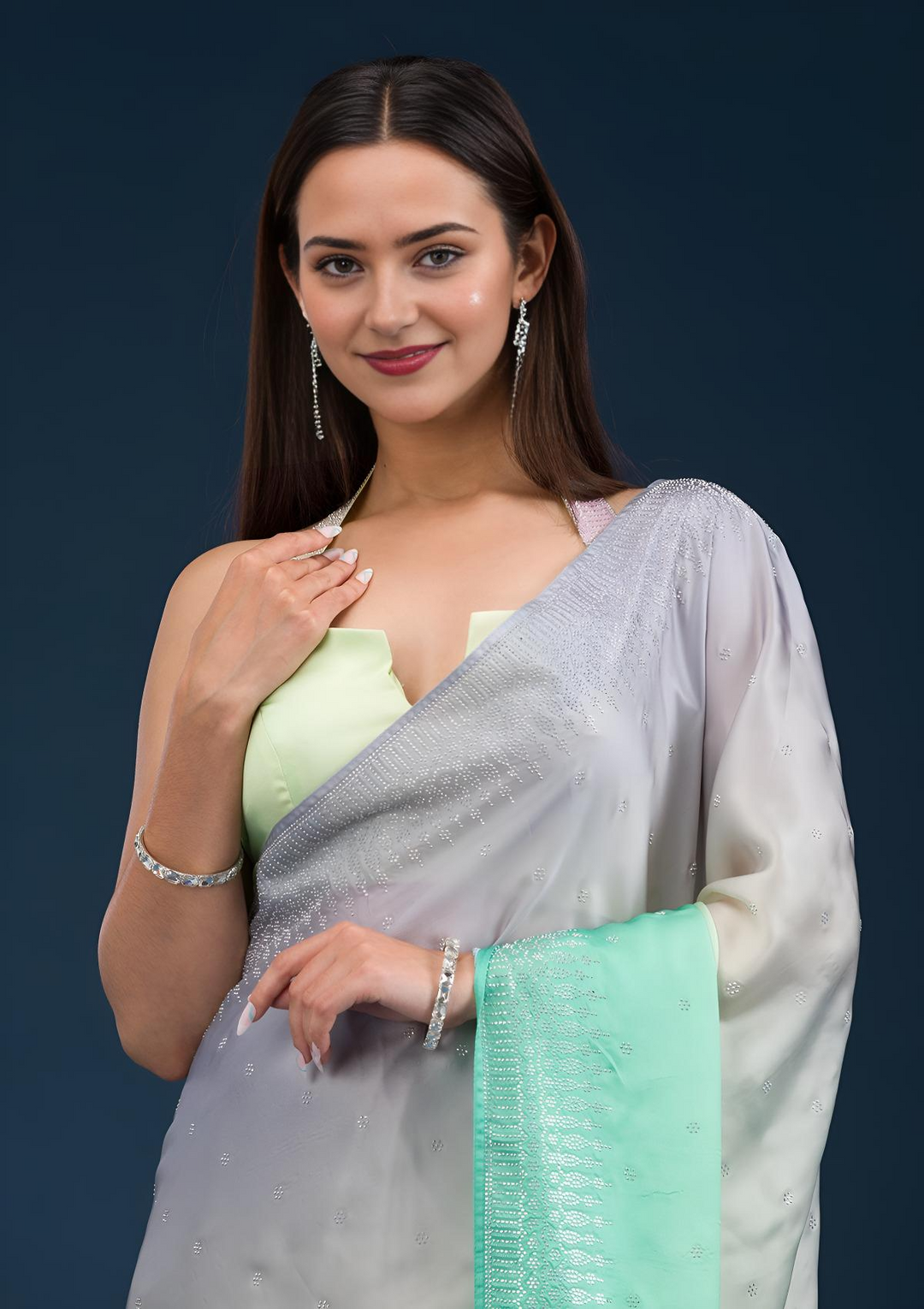 Grey Stonework Satin Saree — image 4