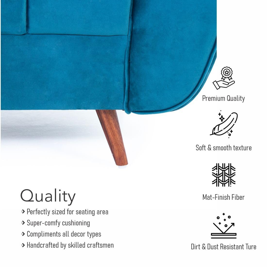 Peachtree Eden 2 Seater Sofa for Living Room| Sofa with 2 Cushions, 3 Year Warranty, Velvet Fabric Sofa with Mango Wooden Frame & Sheesham Wood Legs | Padded Armstyle (Teal Blue) — image 5