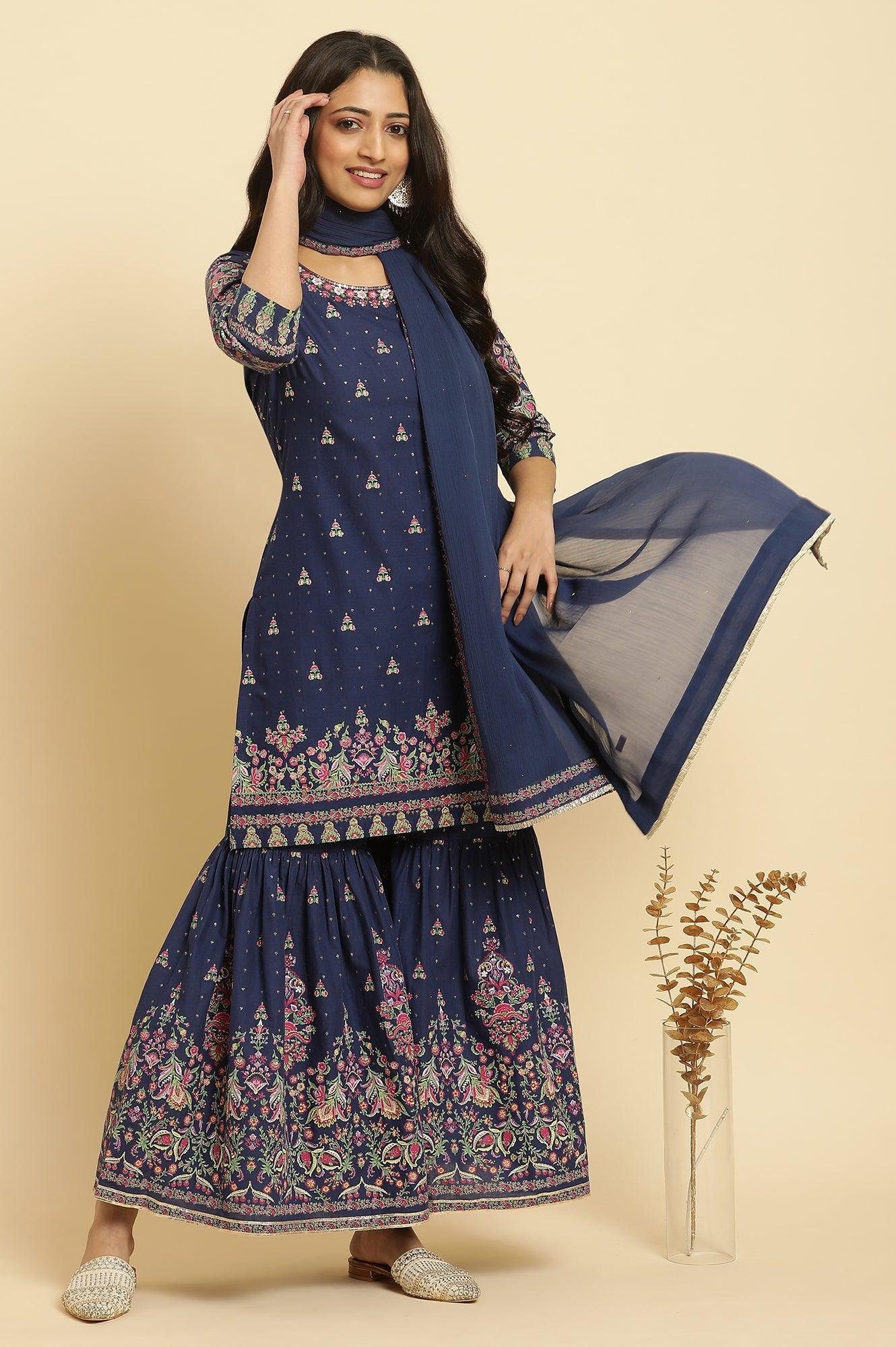 Blue Floral Printed Kurta, Sharara And Dupatta Set — image 6