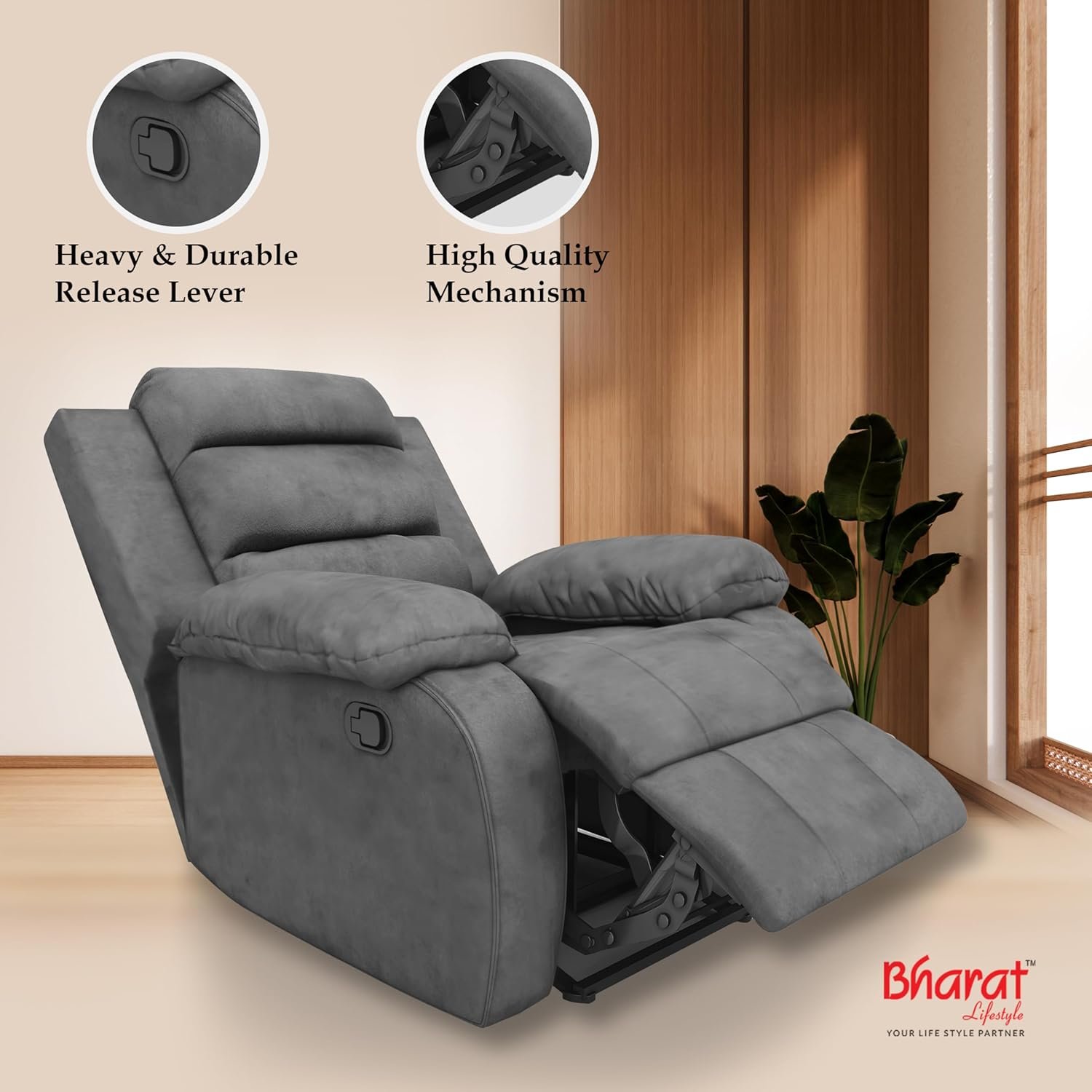 Bharat Lifestyle Austin Manual Recliner | 1 Seater Chair Sofa | Single Sofa Recliner| 3 Comfort Position | Wooden Frame | Suede Fabric | 1 Seater Recliner for Living Room Bedroom,1 Year Warranty, Grey — image 6