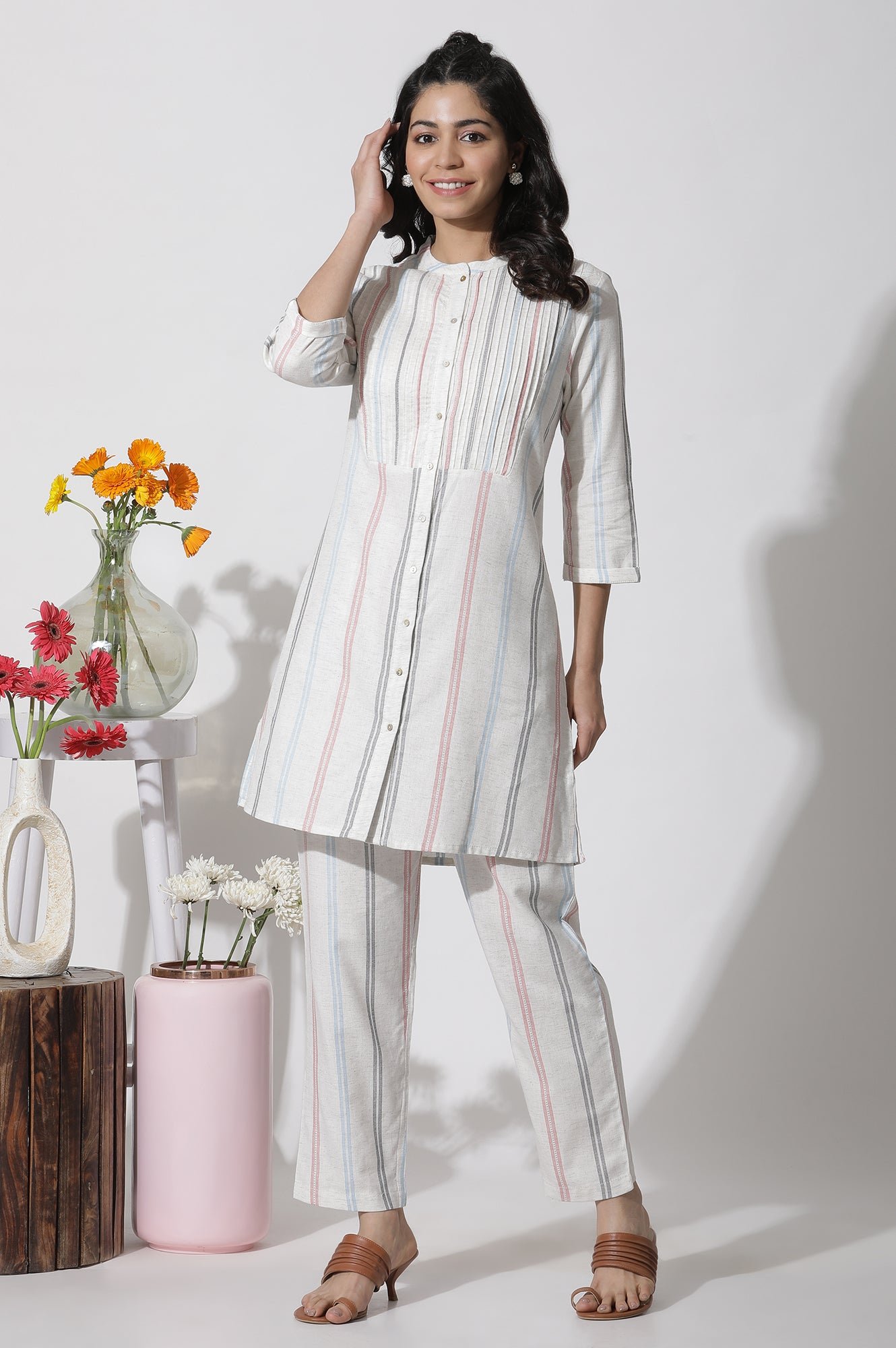 White Stripe Printed Pintuck Tunic And Pants Co-Ord Set — image 10