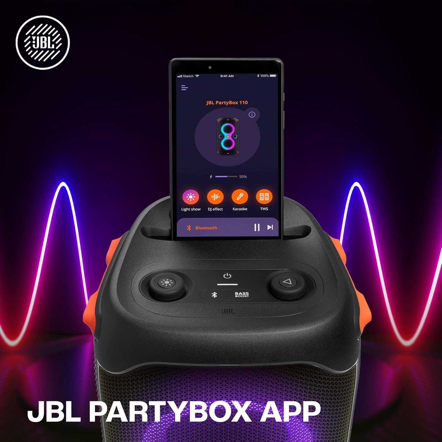 Partybox 110, Wireless Bluetooth Party Speaker, 160W Monstrous Pro Sound, Dynamic Light Show, Upto 12Hrs Playtime, Built-in Powerbank, Guitar & Mic Input, PartyBox App, Splashproof (Black) — image 6