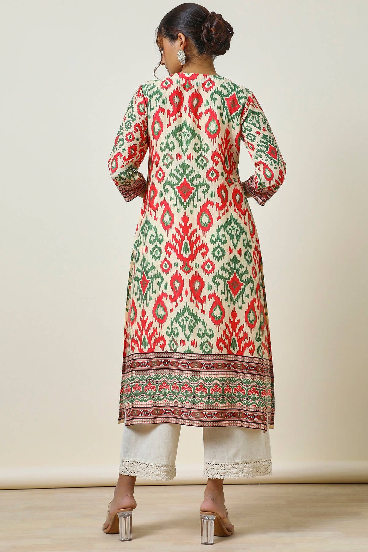 Cream Printed Linen Blend Kurta With Mirror Work — image 5