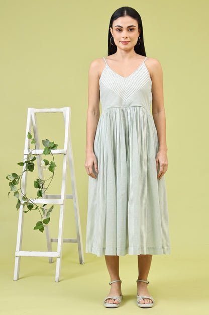 White and Green Geometric Printed Flared Spaghetti Dress and Gilet Set — image 1