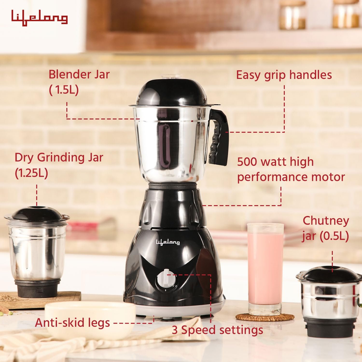Lifelong LLMG23 Power Pro 500-Watt Mixer Grinder with 3 Jars (Liquidizing, Wet Grinding and Chutney Jar), Stainless Steel blades, 1 Year Warranty — image 4