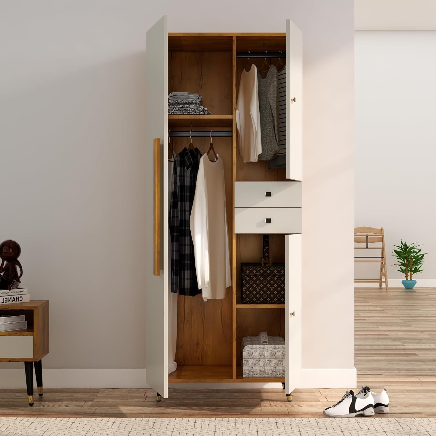 Bniture Wooden Almirah for Clothes, Door for Bedroom, 2 Door Wardrobe with Drawer & Hanging Space (45D x 75W x 180H CM) | 3 Year Warranty (Giant Wood & Frosty White) — image 2