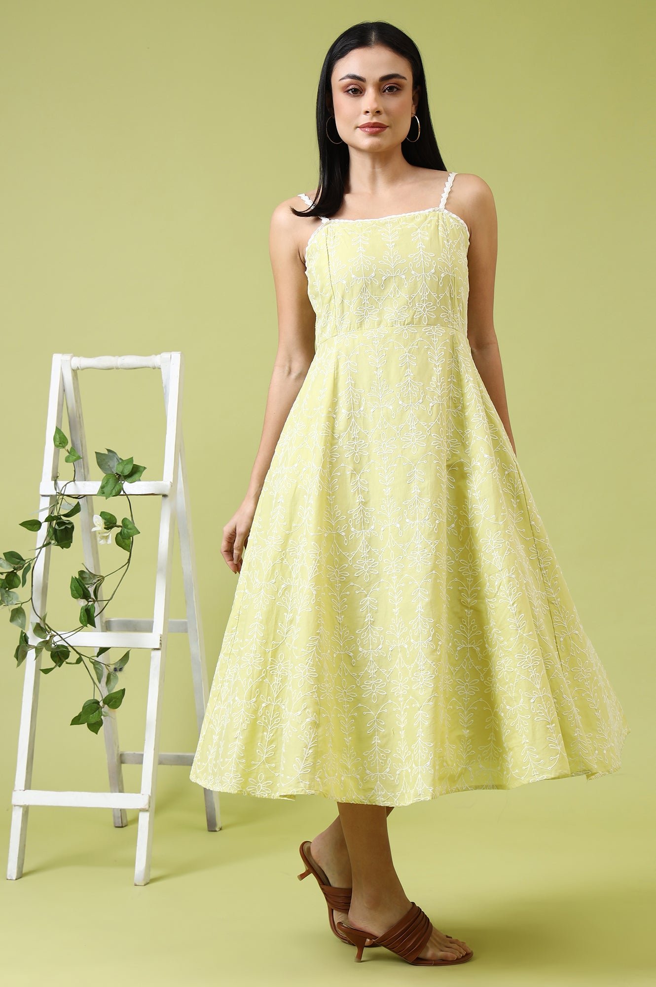 Lime Green Schiffli Embroidered Pure Cotton Flared Spaghetti Dress — image 8