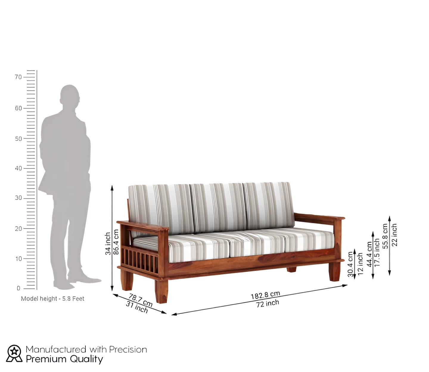 RATANDHARA FURNITURE Solid sheesham Wood Wooden 3 Seater Sofa for Living Room - Sofa with Cousins seat - Sitting Pretty 3-Seater Couch Design 2 (Honey Finish) — image 3