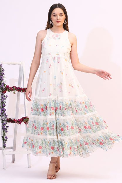 White Floral Printed Chiffon Tiered Flared Dress with Printed Cape — image 1