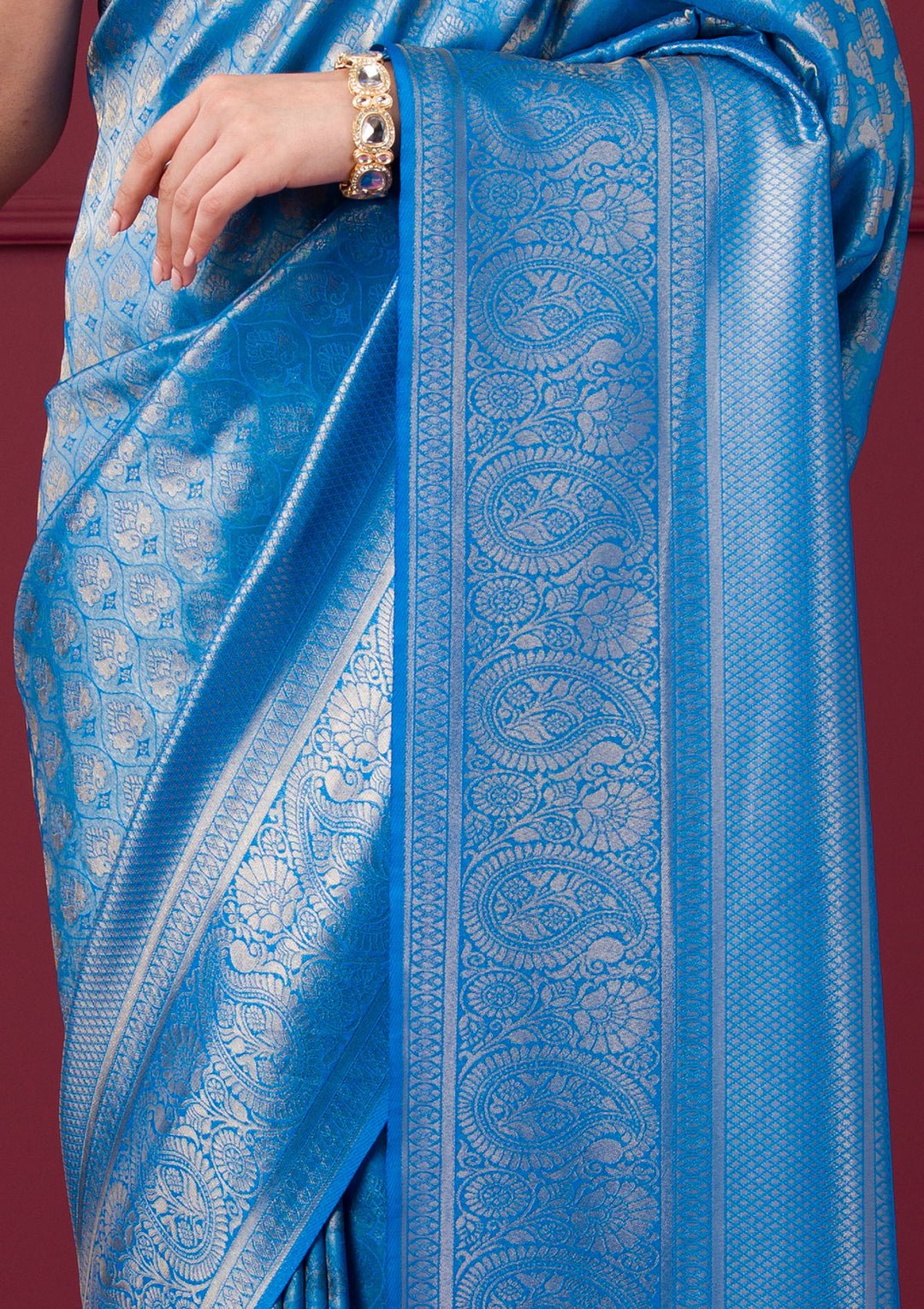 Turquoise Blue Zariwork Art Silk Saree — image 3