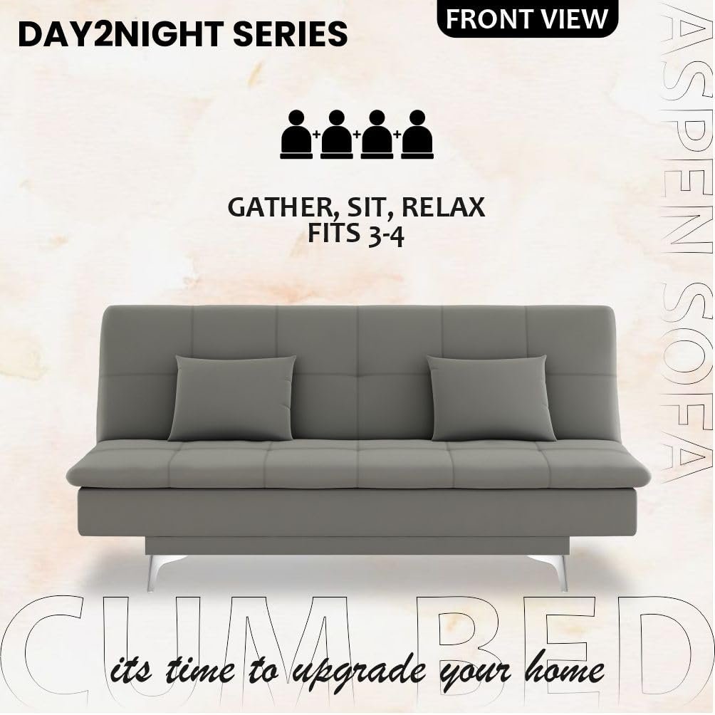 Adorn India Premium New Aspen 3 Seater Sofa Cum Bed 4X6 Velvet Suede with 2 Cushions (Color Grey) and Suitable for All Indoor, with 3 Years Warranty — image 3