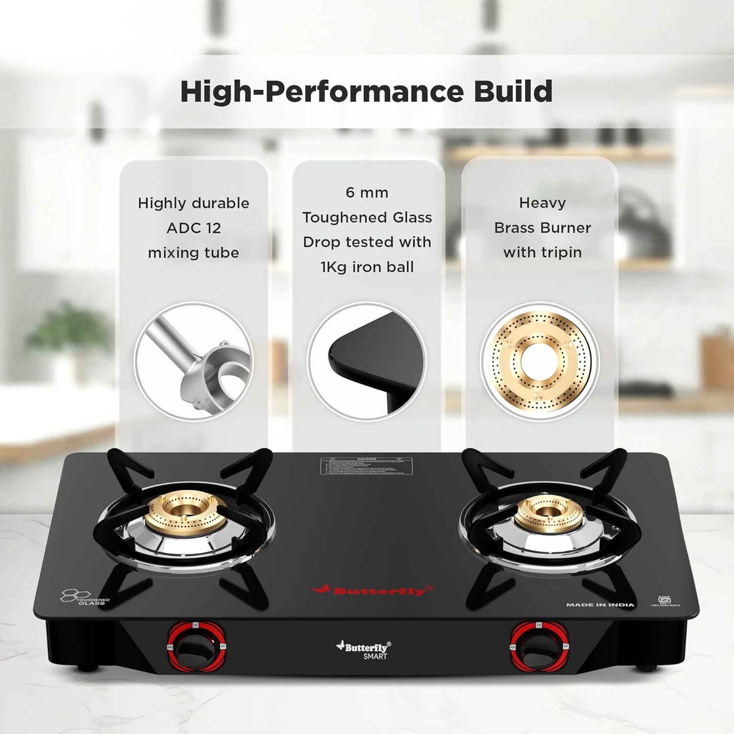 Butterfly Smart 2 Burner Glass Top Gas Stove | Manual Ignition | Scratch Resistant Toughened Glass | Brass Burners | Skid-proof Legs | 1 Year Manufacturer's Warranty | Black — image 4