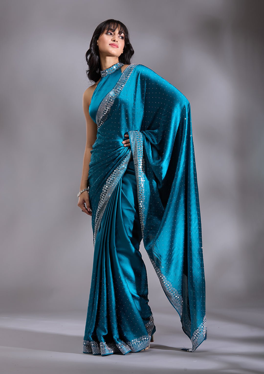 Peacock Blue Silver Stonework Satin Saree — image 4
