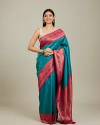 Rama Green Buta Patterned Saree with Floral Leaf Border — image 4