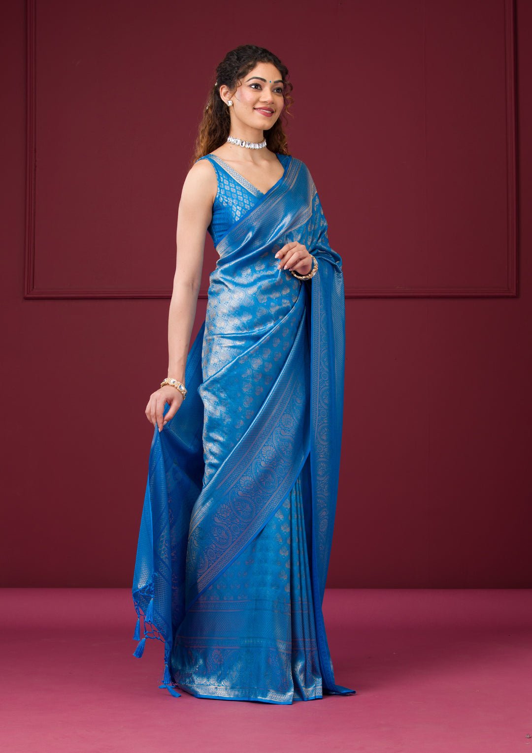 Turquoise Blue Zariwork Art Silk Saree — image 5