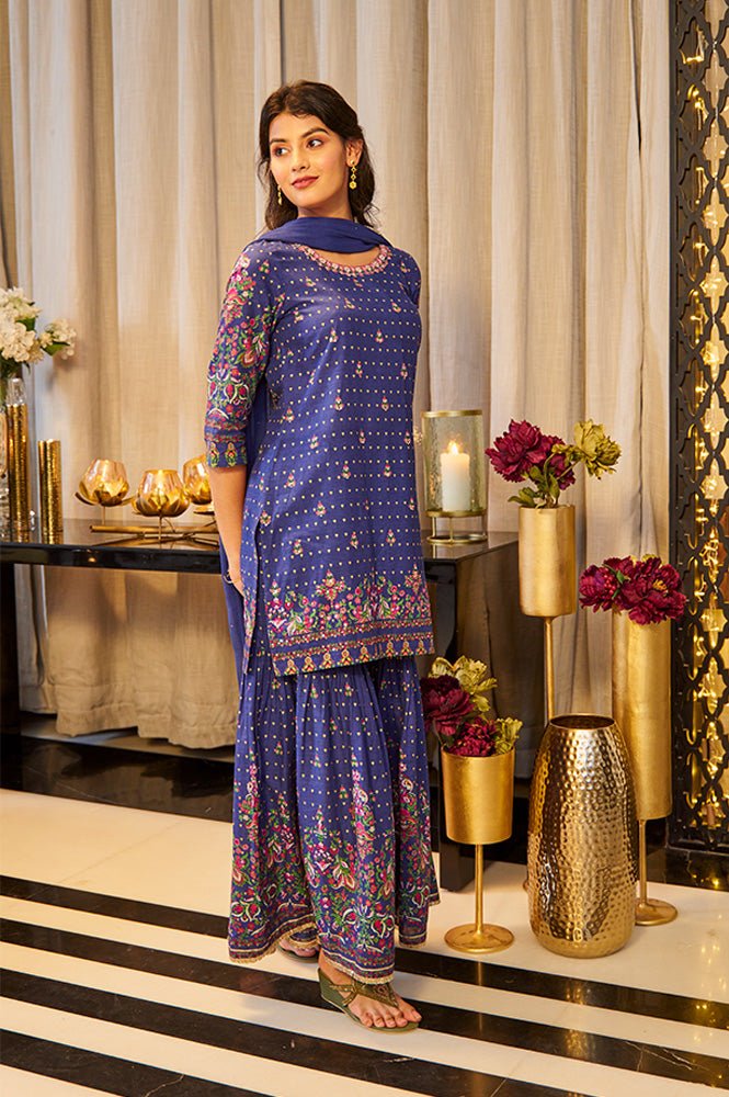 Blue Floral Printed Kurta, Sharara And Dupatta Set — image 1