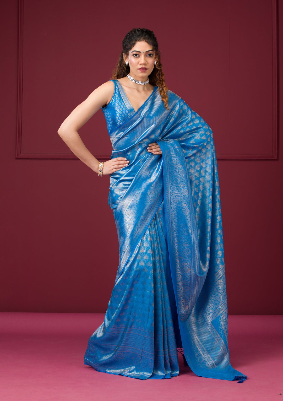 Turquoise Blue Zariwork Art Silk Saree — image 6