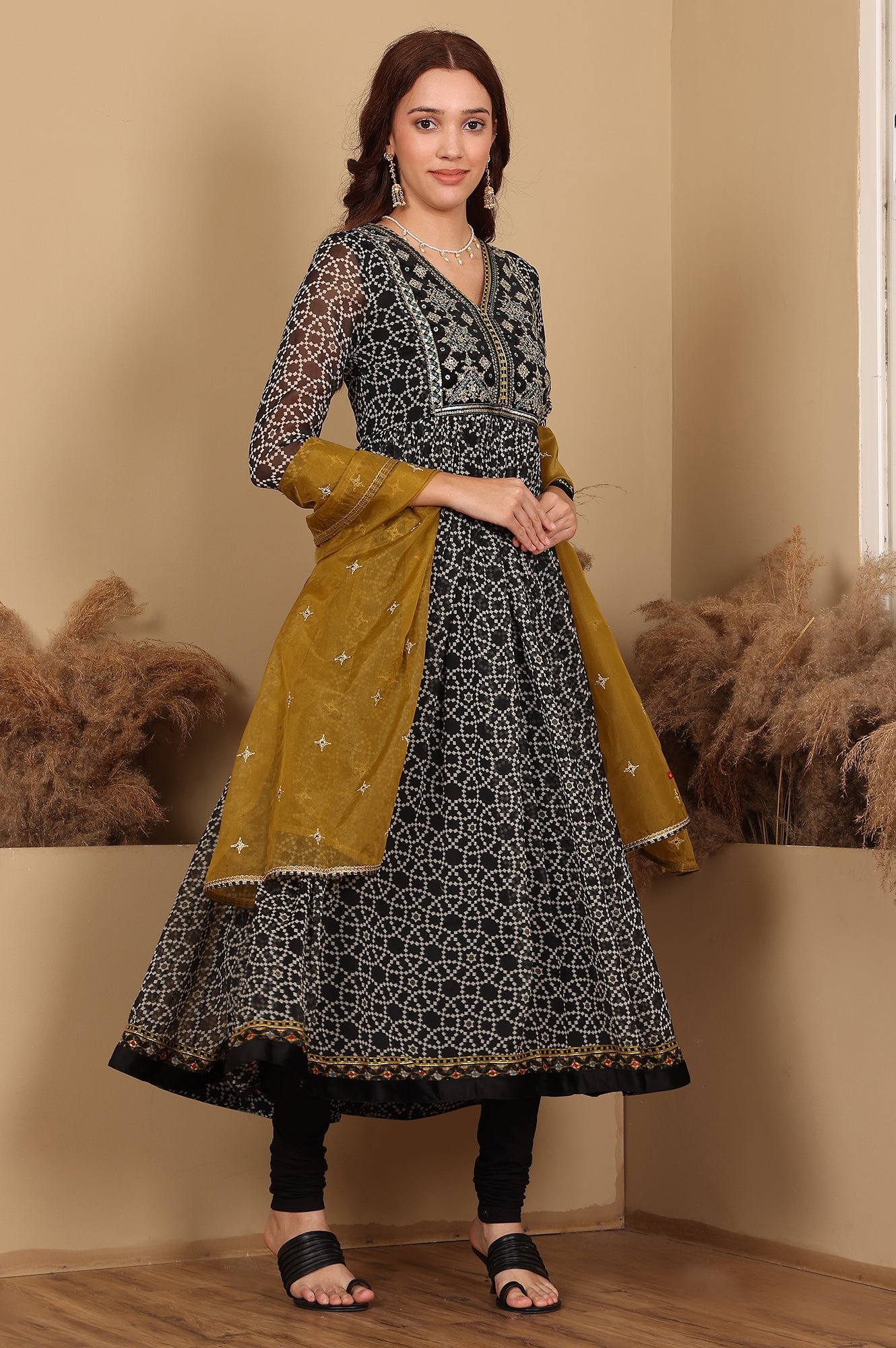 Black Printed Gathered Chiffon Kurta With Embroidery, Churidar And Dupatta Set — image 6
