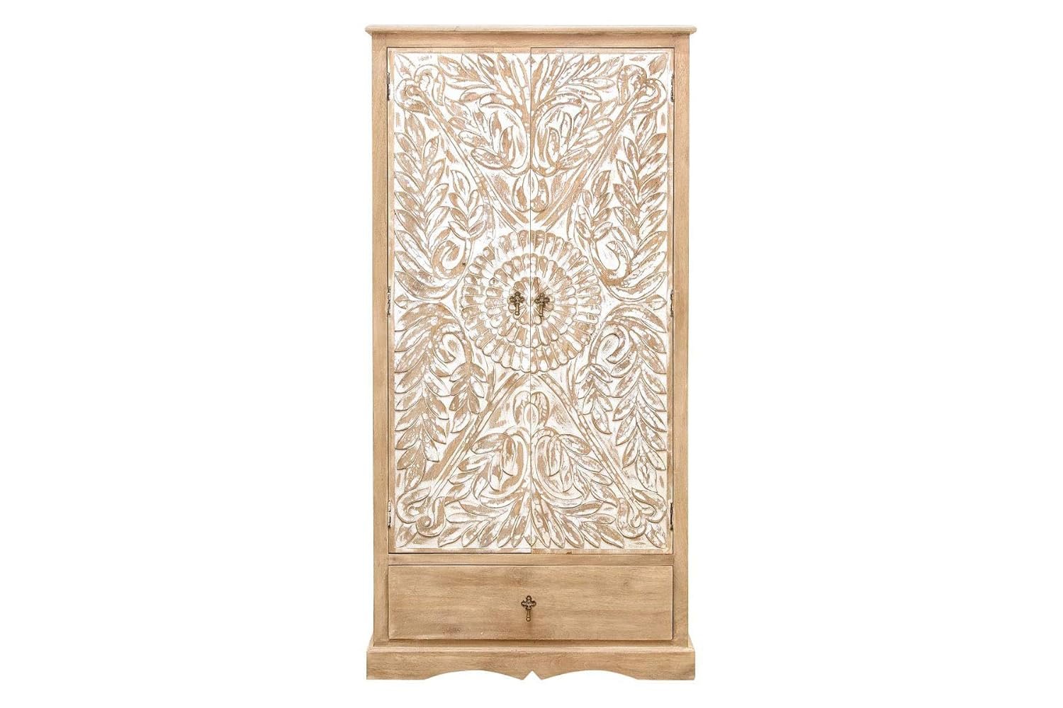 The Attic Jodhpur Carving Wardrobe|Solid Wood Multiple Utility Storage| Clothes Organizer|Wardrobe for Clothes Wooden, almirah for Clothes Wooden|Natural + White Matte Finish — image 5