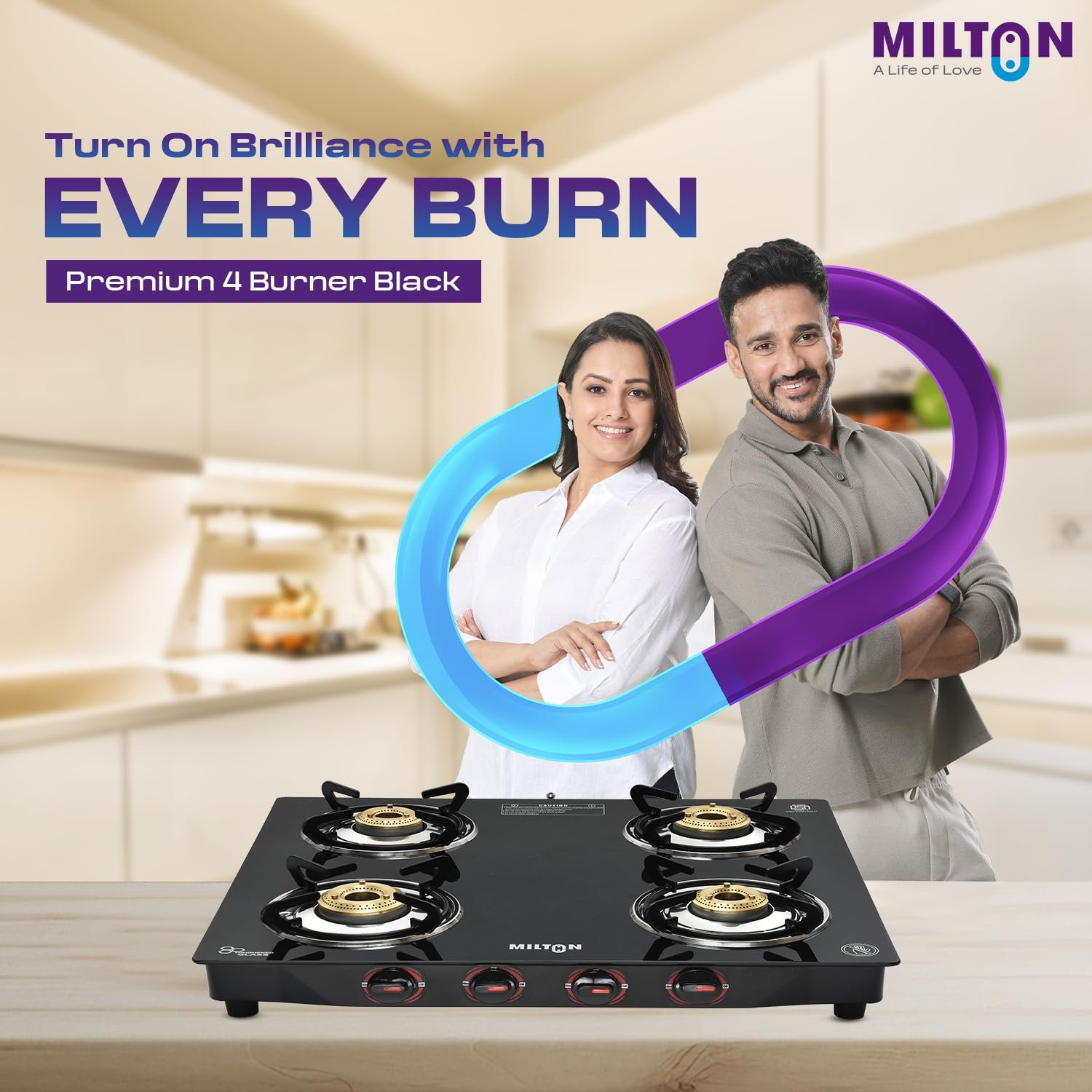 MILTON Premium 4 Burner Black Manual Ignition Glass Top Gas Stove, (ISI Certified) — image 2